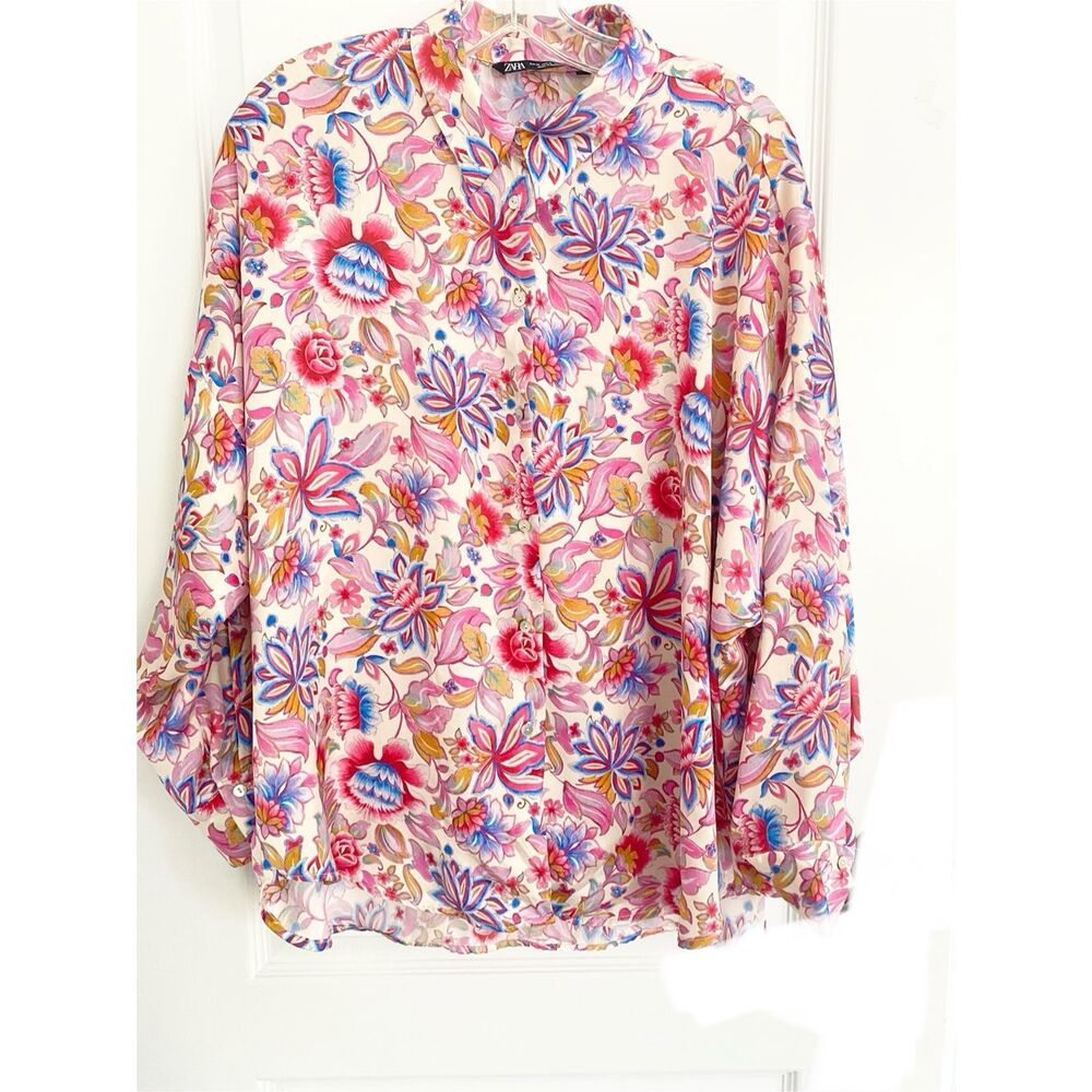 ZARA Floral Long Dolman Sleeve Button Down Shirt Sz Xl